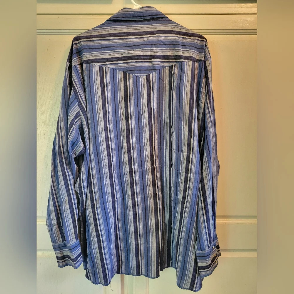 Vintage Wrangler Black & Blue Striped Western Pearl Snap Men's Shirt - Picture 4 of 6